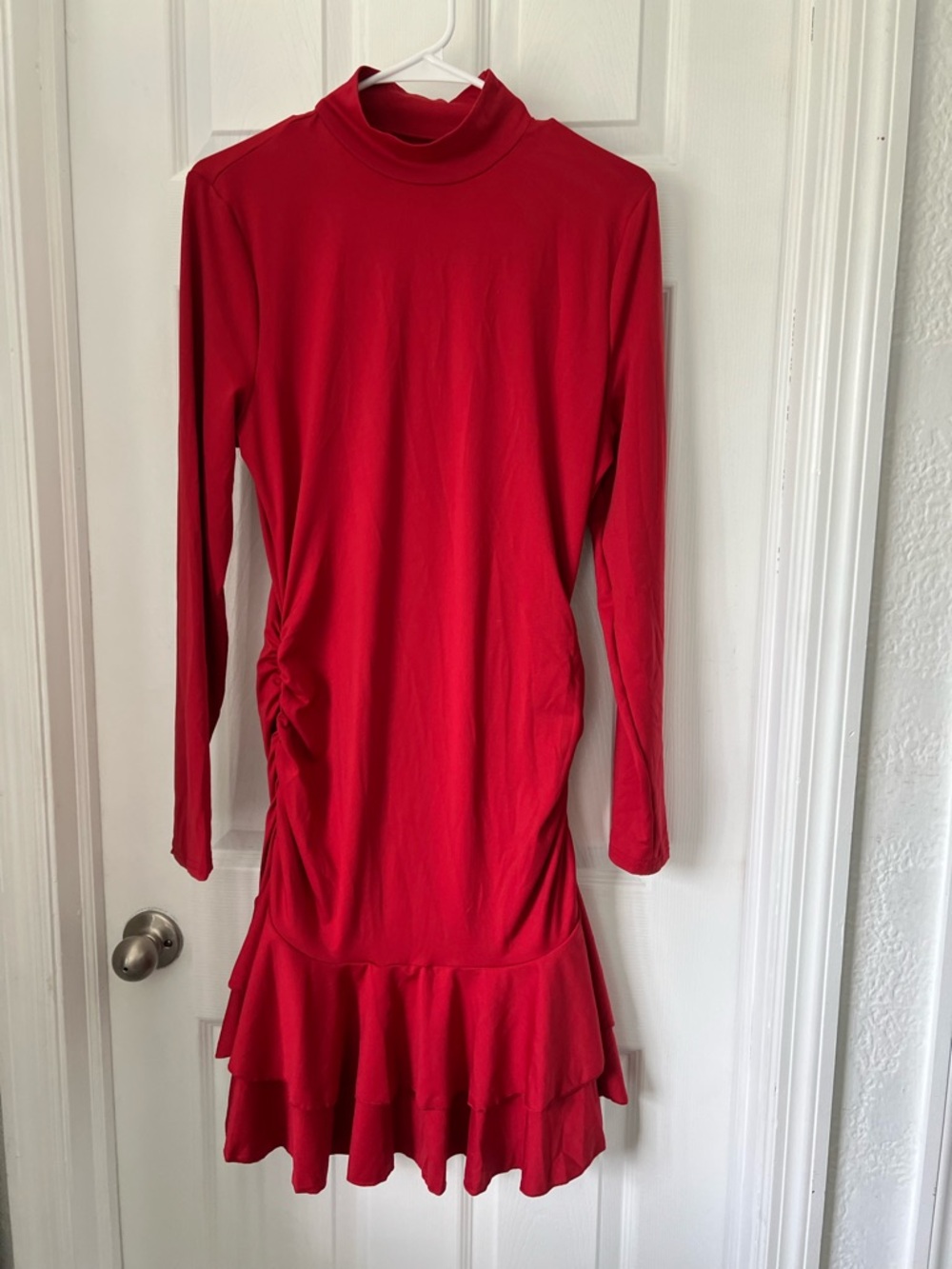 Red Long-Sleeve Midi Dress with Ruffled Hem - Picture 3 of 8